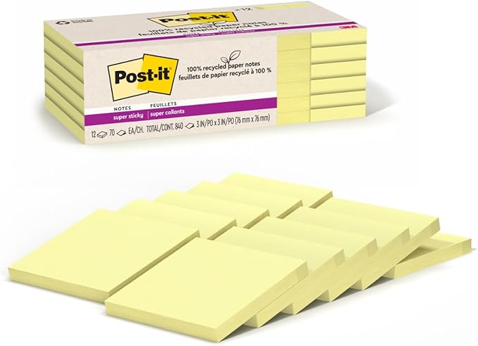 Post-it 100% Recycled Paper Super Sticky Notes, Canary Yellow, 3 in. x 3 in., 12 Sticky Note Pads, 70 Sheets per Pad, New Year Organization or Second Semester School Supplies