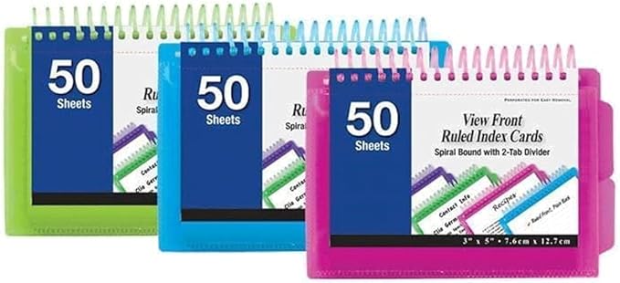 3 Pk 50 Sheets View Poly Spiral Bound 3" X 5" Ruled White Index Card With 2-Tab Divider (Colors May Vary)