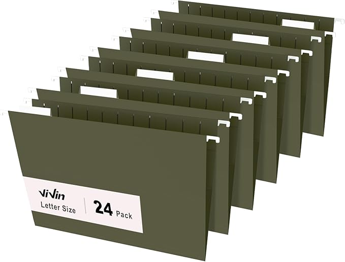 ViVin Hanging File Folders, 1/5-Cut Adjustable Tabs with 24 Per Box, 24 Pack Letter Size Hanging File Folders, Designed for Office Home School Filing Cabinet(Green)