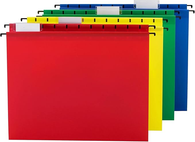 Smead Poly Plastic Hanging File Folders for Documents with Tabs, Letter Size, 0.5 Inch Expansion, File Cabinet Organizer for Filing Cabinets, Assorted Primary Colors, 12 Pack, Office Supplies (64026)