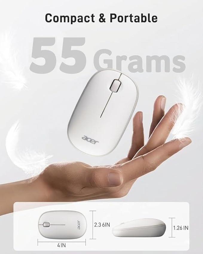 acer Computer Mouse Wireless, 2.4G Slim USB Wireless Mice with USB-A Receiver, 1600 DPI Optical, Laptop Mouse with Plug and Play for Right/Left Handed Users (for Chromebooks, Windows PC & Mac) White