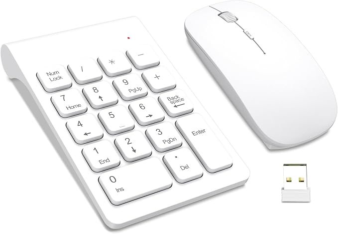 TRELC Wireless Numeric Keypad, Mini 2.4G 18 Keys Number Pad, Portable Silent Financial Accounting Numeric Keypad Keyboard Extensions with Wireless Mouse for Laptop, PC, Desktop, Notebook (White)