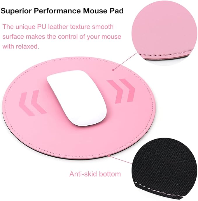 ProElife Premium Cute Round Mouse Pad Mat Waterproof PU Leather 8.66-Inch Mousepad with Anti-Skid Base Stitched Edge for Home Office Gaming Computer Laptop Accessories (Pink)