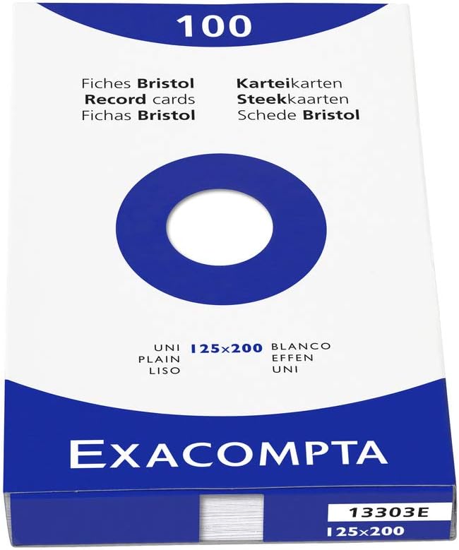 Exacompta - Ref 13303E - Bristol Plain Record Cards (Pack of 100) - 125 x 200mm in Size, 205gsm Card, Compatible with Printers - Suitable for Exam Revision & Notes - White