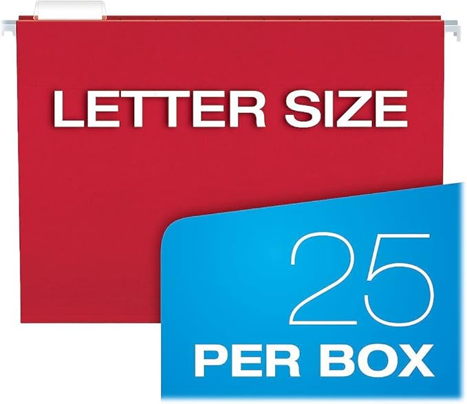 Pendaflex Hanging File Folders, Letter Size, Assorted Colors, 1/5-Cut Adjustable Tabs, 25 Per Box (81663)