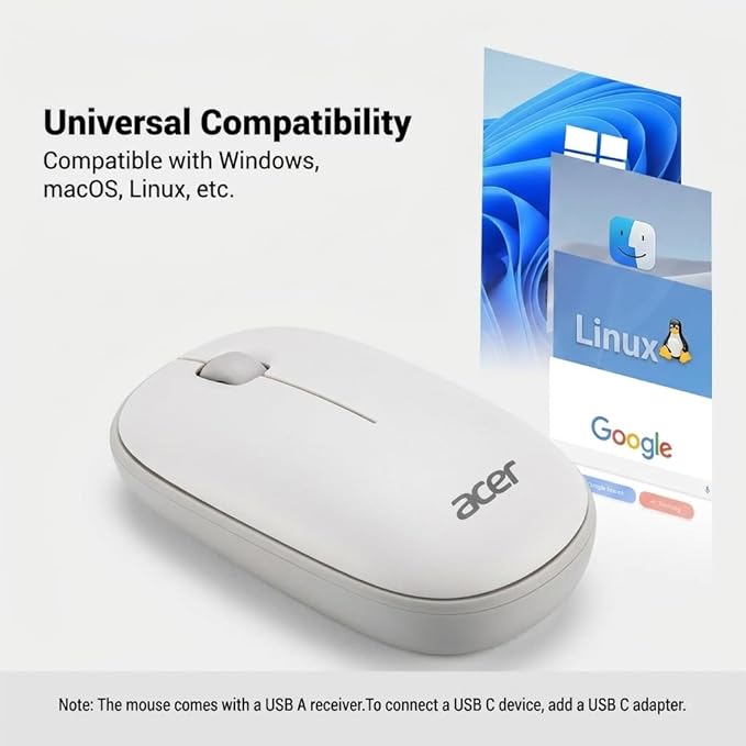 acer Computer Mouse Wireless, 2.4G Slim USB Wireless Mice with USB-A Receiver, 1600 DPI Optical, Laptop Mouse with Plug and Play for Right/Left Handed Users (for Chromebooks, Windows PC & Mac) White