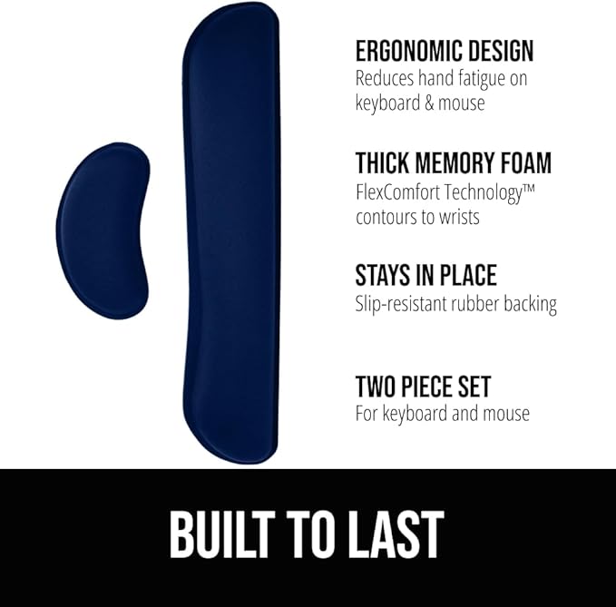 GORILLA GRIP Silky Gel Memory Foam Wrist Rest for Computer Keyboard, Mouse, Ergonomic Design for Typing Pain Relief, Desk Pads Support Hand and Arm, Mousepad Rests, Stain Resistant, 2 Piece Pad, Navy