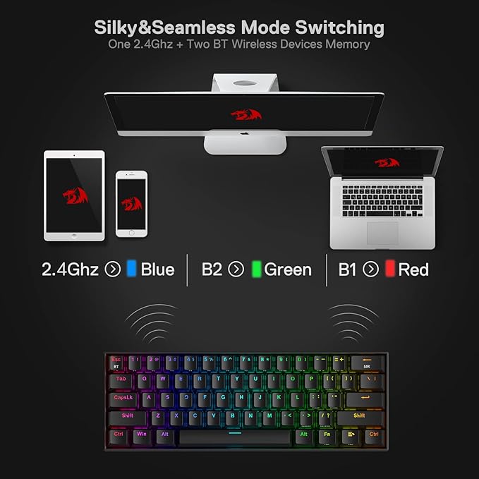 Redragon K530 Pro Draconic 60% Wireless RGB Mechanical Keyboard, BT/2.4Ghz/Wired 3-Mode 61 Keys Compact Gaming Keyboard w/Hot-Swap Socket, Free-Mod Plate Mounted PCB & Tactile Brown Switch