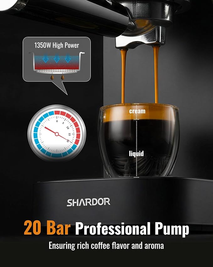 SHARDOR Espresso Machine 20 Bar, Professional Espresso Machine with Milk Frother and Touchscreen, Expresso Coffee Machines with Adjustable Temperature,for Cappuccino, Latte, Black