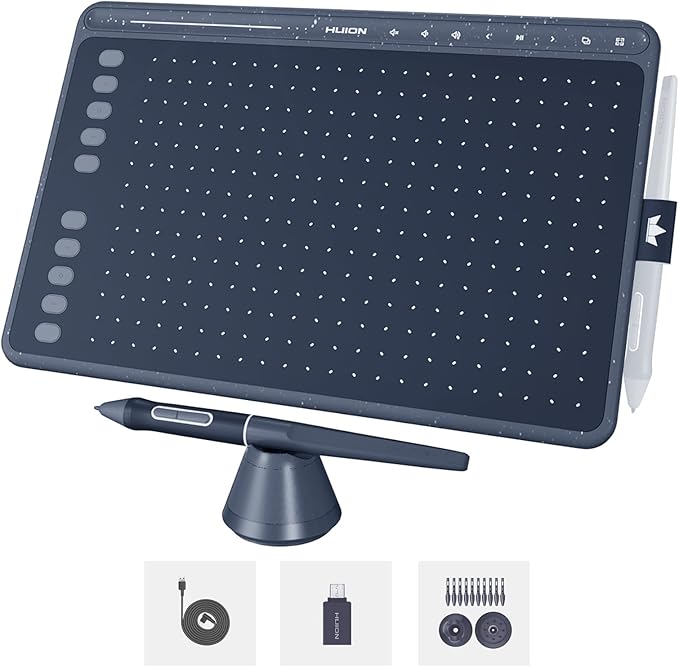 HUION HS611 Graphics Drawing Tablet Android Support Digital Art Tablet with Battery-Free Stylus 8192 Pen Pressure Tilt 8 Multimedia Keys 10 Hot Keys and Touch Ring, 10x6 inch Drawing Pad, Space Grey