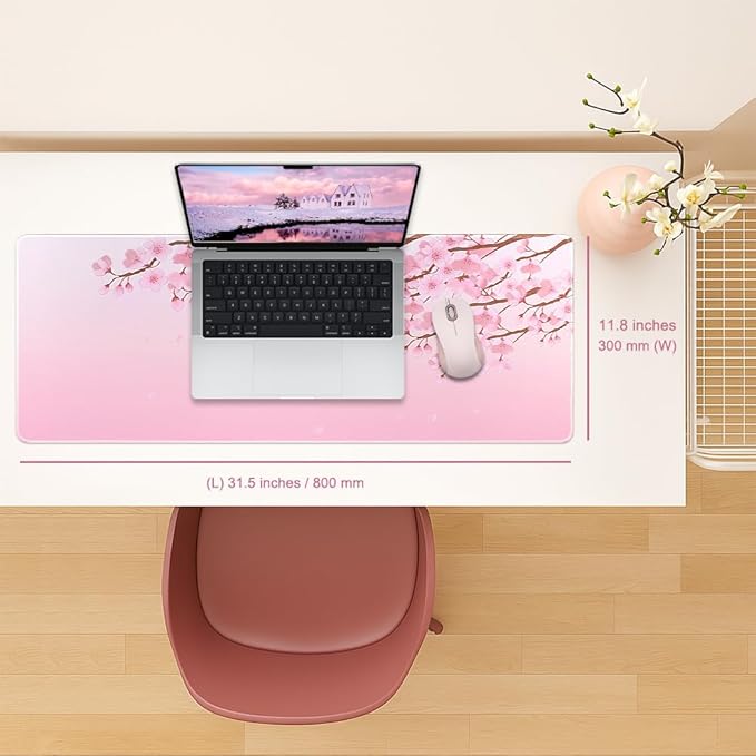 Large Mouse Pad Mat 11.8 x31.5 inches with Stitched Edge Non-Slip Rubber Base for Home Office Gaming Desk Mouse Pads Mats Accessories (Pink Flowers)