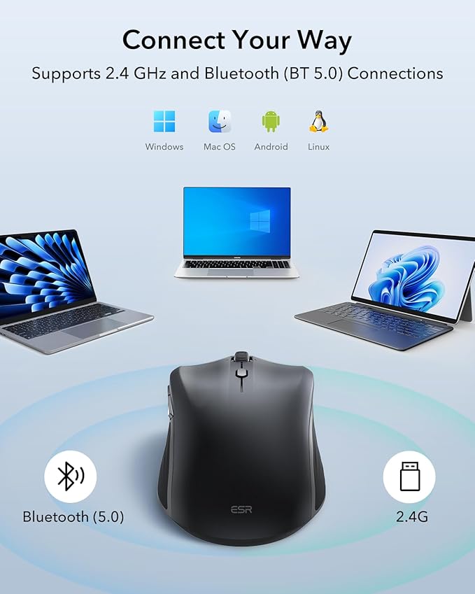 ESR MagMouse Snap-to-Carry Bluetooth Mouse, Rechargeable Wireless Mouse for Laptop with Built-in Charging Cable, Reusable Adhesive Holder, BT 5.0 + 2.4 GHz Connectivity, Silent, Ergonomic, Black