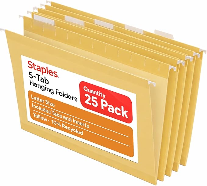 Staples Hanging File Folders, Letter Size, Yellow, 5‑Tab, Durable Construction – 25/Box