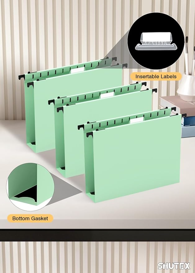 Extra Capacity Plastic Hanging File Folders,12 Pack Reinforced Hang Folder,Heavy Duty 2 Inch Expansion,Filing Cabinet Folders Letter Size for Bulk Files/Medical Charts(Sage Green)