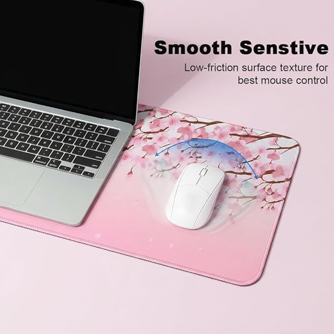 Large Mouse Pad Mat 11.8 x31.5 inches with Stitched Edge Non-Slip Rubber Base for Home Office Gaming Desk Mouse Pads Mats Accessories (Pink Flowers)