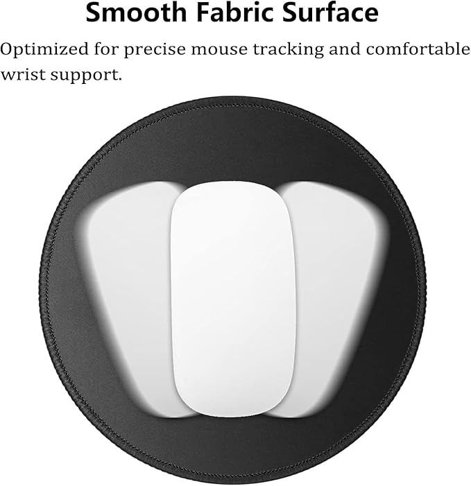 Cute Black Round Mouse Pad with Stitched Edges, 7.9" Diameter & 0.12" Thick, Smooth Fabric Surface & Anti-Slip Rubber Base Portable Circular Mat for Office Desk/Laptop/Home/Gaming/Traveling
