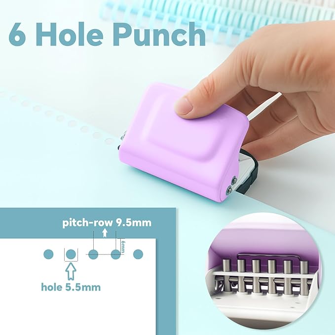 Spiral Binding Machine-Mini 6 Hole Puncher, DIY Creative Book Binder Machine for Planner, A4-30 Holes, A5-20 Holes, B5 26 Holes with 16 PCS 6-Hole Loose Leaf - Purple