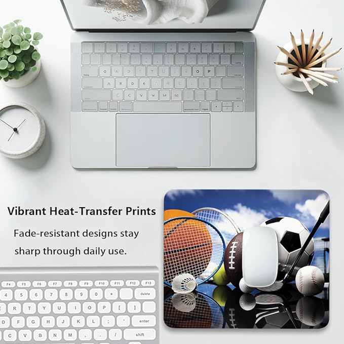 Sports Equipment Theme Mouse Pad 9.5"x 7.9", Reinforced Stitched Edges, Durable Anti-Slip Gaming & Office Mat Desk Decor, Football Soccer Darts Ice Hockey Baseball Basketball