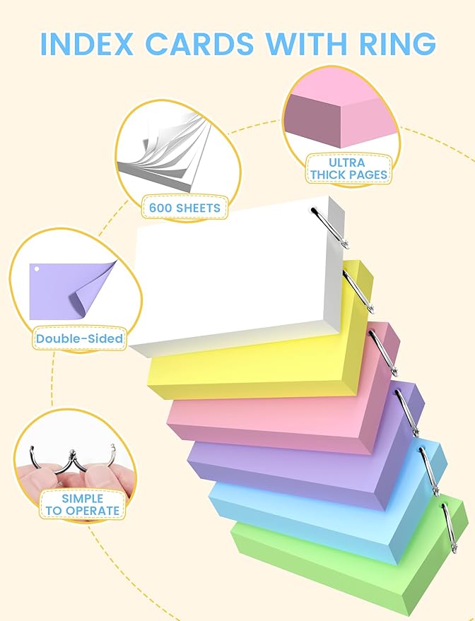 Blank Index Cards with Ring, 600PCS Blank Notecards 3 x 5 Flashcards for Studying，Unruled Flash Note Cards 3 x 5'' Unlined Index Cards Bulk for College Nursing School Supplies,12 Pack of 100, Colored