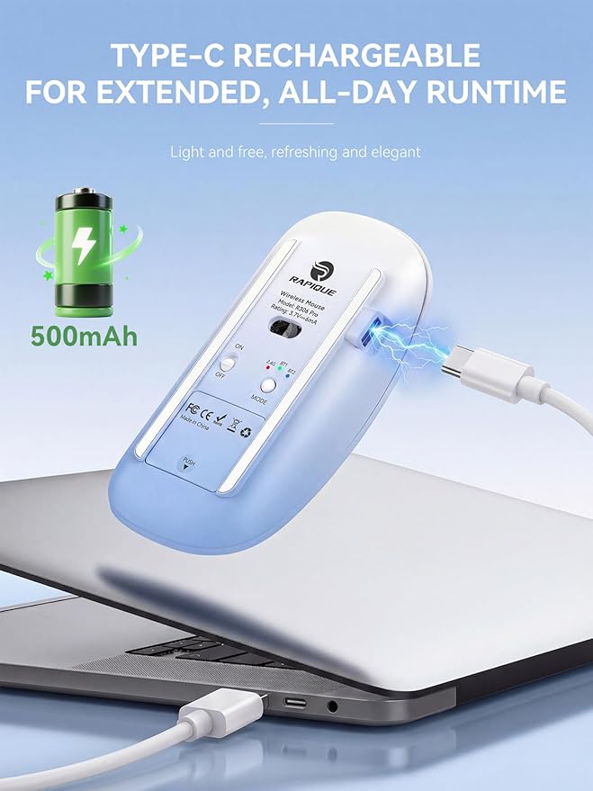 RAPIQUE R306 Pro Wireless Mouse, Bluetooth & 2.4G, Triple-Device Connection, Type-C Rechargeable, Silent Click, Smooth Scroll, Lightweight Slim Design for Laptop, Tablet & MacBook - Sky Blue Gradient