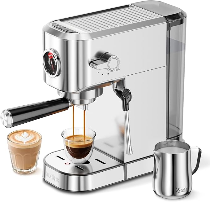 XIXUBX 20 Bar Espresso Machine, Compact Stainless Steel Espresso Maker with Milk Frother and Milk Frothing Pitcher, Coffee Machine for Cappuccino and Latte, 42 oz Water Tank for Home, Office, Silver