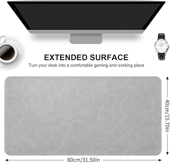 Desk Pad Soft PU Leather Large Mouse Pad Laptop Computer Desk Mat Table Blotter Flat Smooth Waterproof Non-Slip Desktop Protector Writing Pad for Office and Home (Light Grey, 90x43cm)