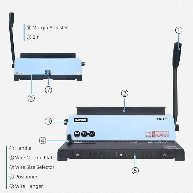 Rayson TD-130 Wire Binding Machine (Square Holes) Punch 12 Sheets/Bind 120 Sheets with Sturdy Metal Construction