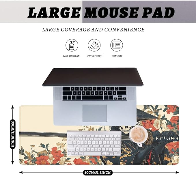 Samurai Desk Pad Mouse Pad Skull Black Gold Japanese Anime Gaming Mouse Mat with Stitched Edges,Non-Slip Waterproof Rubber Base Mous Mat Office Computer Keyboard Laptop Home 31.5"x11.8"