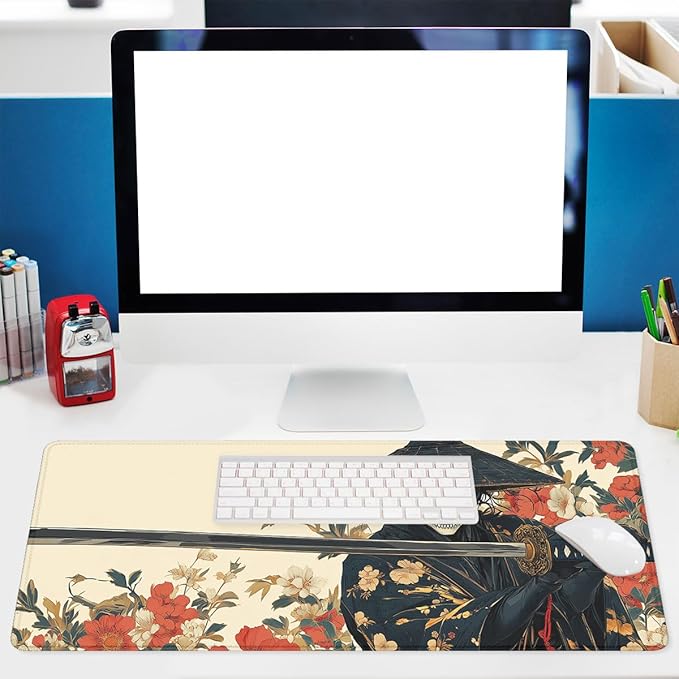 Samurai Desk Pad Mouse Pad Skull Black Gold Japanese Anime Gaming Mouse Mat with Stitched Edges,Non-Slip Waterproof Rubber Base Mous Mat Office Computer Keyboard Laptop Home 31.5"x11.8"