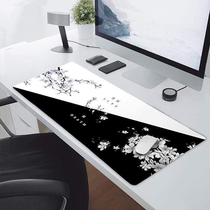Black White Cherry Blossom Mouse Pad Japanese Sakura Death Life Flower Extended Desk Mat 90X40 CM Non-Slip Rubber Base Stitched Edge Large xxl Playmat for Gaming Laptop Computer Desktop 35.4×15.7 Inch