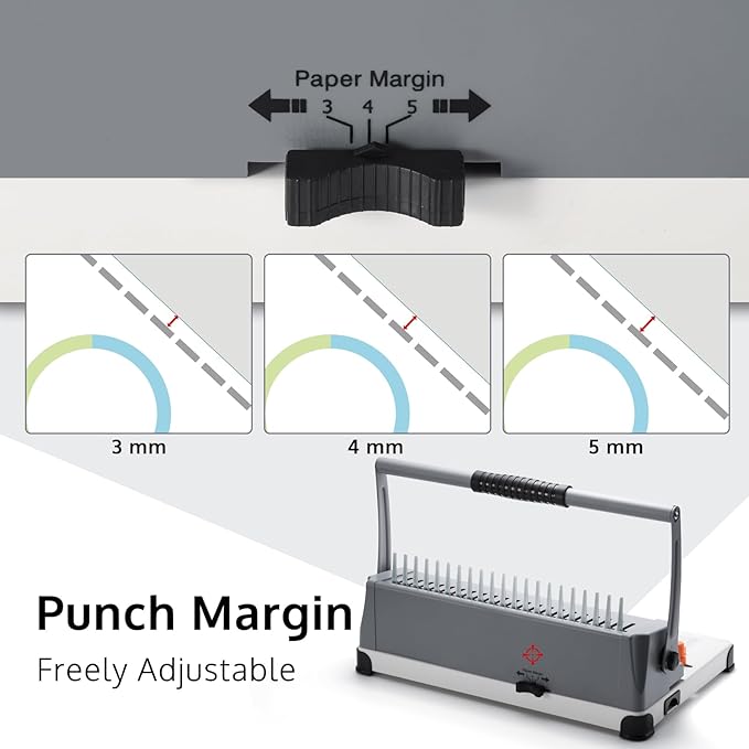 OFFNOVA Binding Machine, 21-Hole 450 Sheets Paper Comb Binding Machine for Letter Size / A4 / A5 Paper, Easy to Punch Handle, Adjustable Margin, Book Binder with 100 PCS 3/8'' Comb Binding Spines