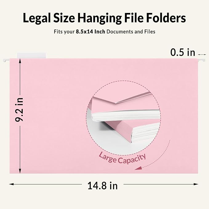 SUNEE Hanging File Folders Legal Size, Pink File Folders 25 Pack 1/5-Cut Tabs, Stay Organized for Your Home and Office Bulk File and Documents