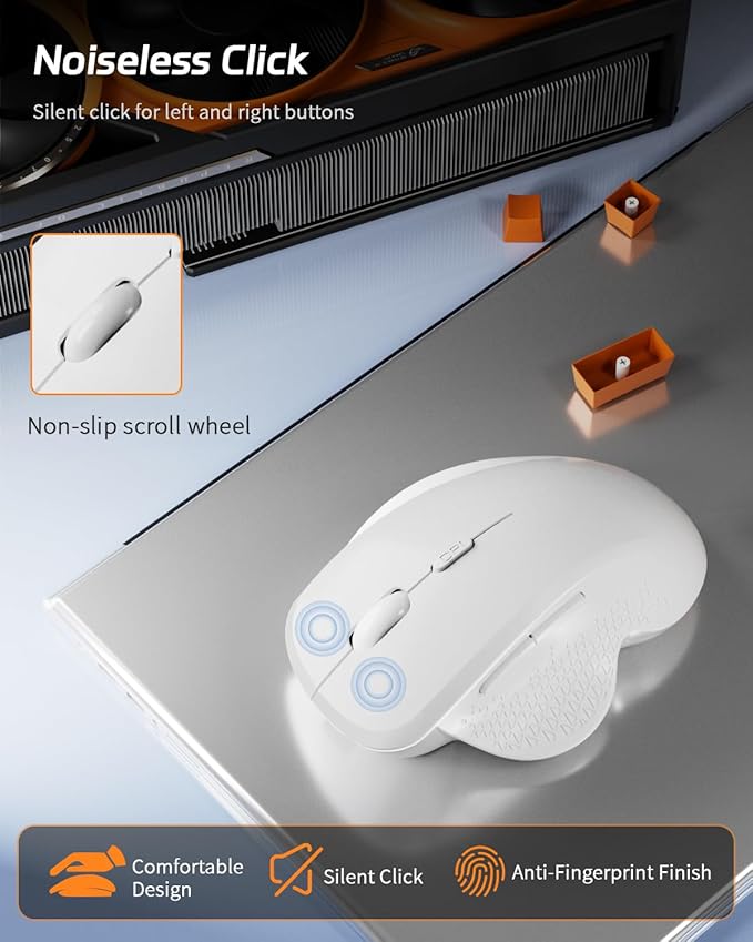 Uiosmuph G09 Bluetooth Wireless Mouse, BT5.1 & 2.4Ghz Rechargeable Computer Mouse with USB Receiver and Type C Adapter, Ergonomic Bluetooth Mice for Laptop, iPad, Mac - White