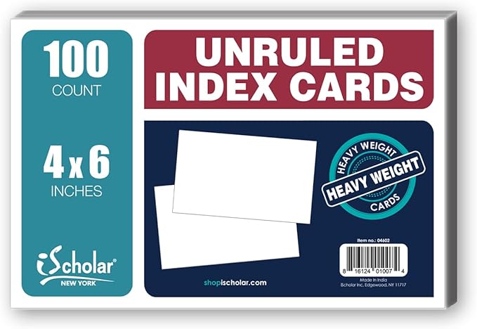 iScholar Index Cards, White, Unruled, 4 x 6 Inches, 100 Card Pack (04602)