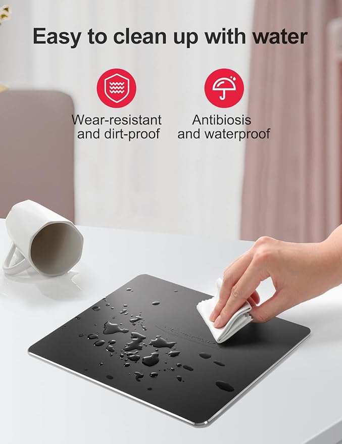 Vaydeer Hard Metal Aluminum Mouse Pad Clear Modern Smooth Magic Ultra Thin Double Side Design Mouse Mat Waterproof Fast and Accurate Control Compatible for Gaming and Office, Black, 11.81X9.45 Inch