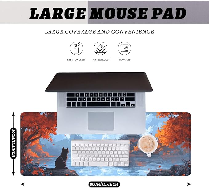 Cat Gaming Mouse Pad Desk Pad Landscape Red Maple Leave Moonlight Pixel Extended Gaming Mouse Pad Mat with Stitched Edge Non-Slip Base Big Mouse Pad Office Home Decor for Women Girl 31.5"x11.8"