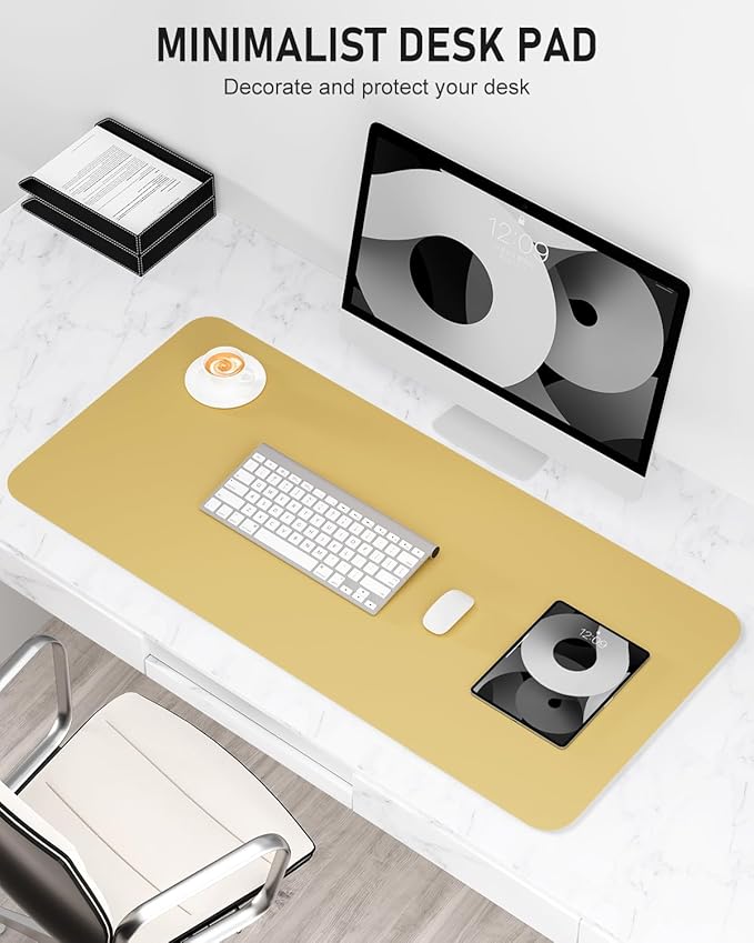 Desk Pad, 35.5" x 17" PU Leather Non-Slip Desk Mat Large Mouse Pad for Desktop, Waterproof Laptop Computer Writing Mat for Office, Home, Work, Gaming, Pale Yellow