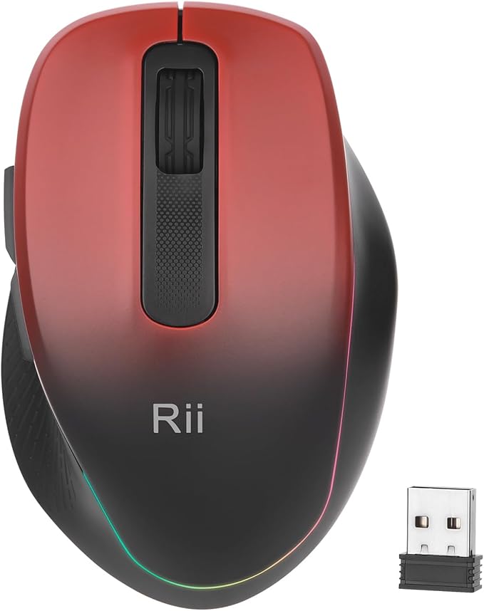 Rii Wireless Mouse Rechargeable, 2.4 GHz with USB Receiver, 1000/1200/1600 DPI, Ergonomic Grips, Silent Keys, Cordless Computer Mice for Laptop, PC, Desktop, Mac-Black&Red