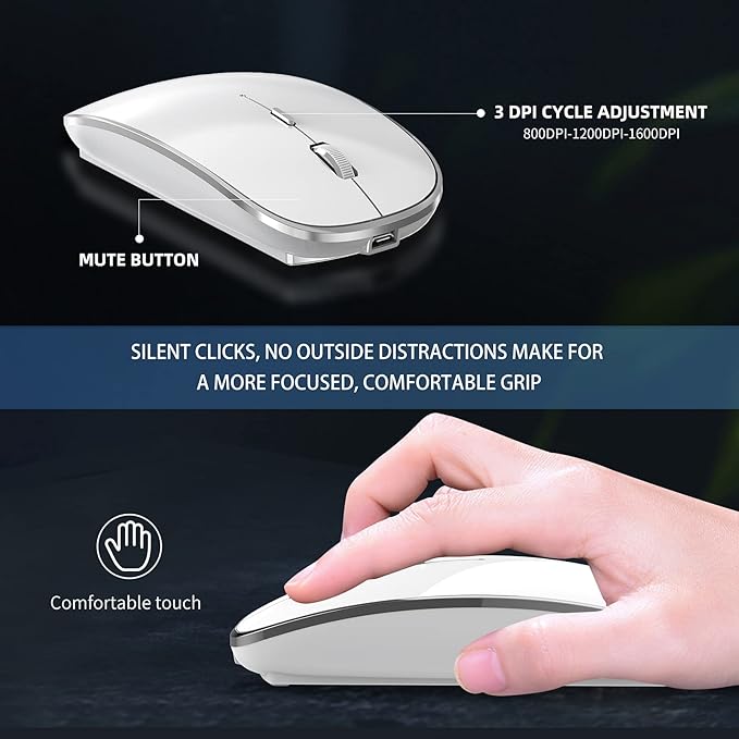 Wireless Mouse Chargeable Portable Silent USB-A and Type-C Dual Mode 3 Adjustable DPI for Laptop, PC (Q23S Black) (White)