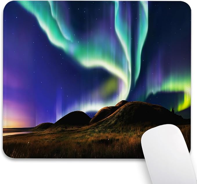 Aurora Borealis Mouse Pad 9.5"x 7.9", Reinforced Stitched Edges, Durable Anti-Slip Gaming & Office Mat Desk Decor, Spectacular Alaskan Northern Lights‌ Meadows Scene at Night