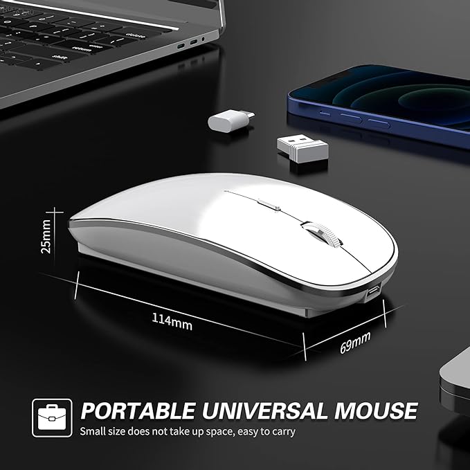 Wireless Mouse Chargeable Portable Silent USB-A and Type-C Dual Mode 3 Adjustable DPI for Laptop, PC (Q23S Black) (White)