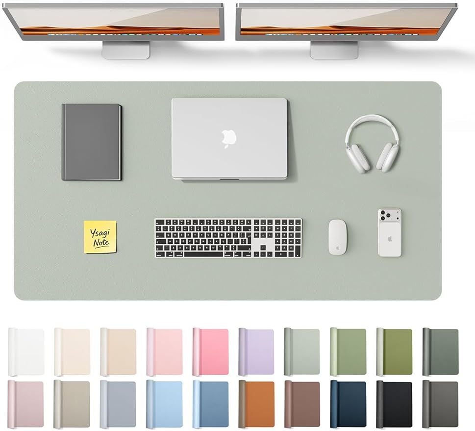 YSAGi Leather Desk Protector, Office Mat, Large Mouse Mat, Non-Slip PU Leather Blotter, Laptop Desk Pad, Waterproof Writing Pad for Office and Home (Grayish Green, 47.2" x 23.6")
