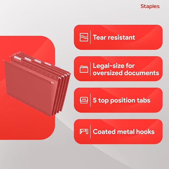 Staples Hanging File Folders, Letter Size, Red, 1/5‑Cut Tabs, Tear‑Resistant Durable Construction – 25/Pack