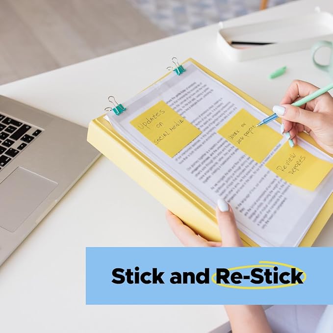 Post-it 100% Recycled Paper Super Sticky Notes, Canary Yellow, 3 in. x 3 in., 12 Sticky Note Pads, 70 Sheets per Pad, New Year Organization or Second Semester School Supplies