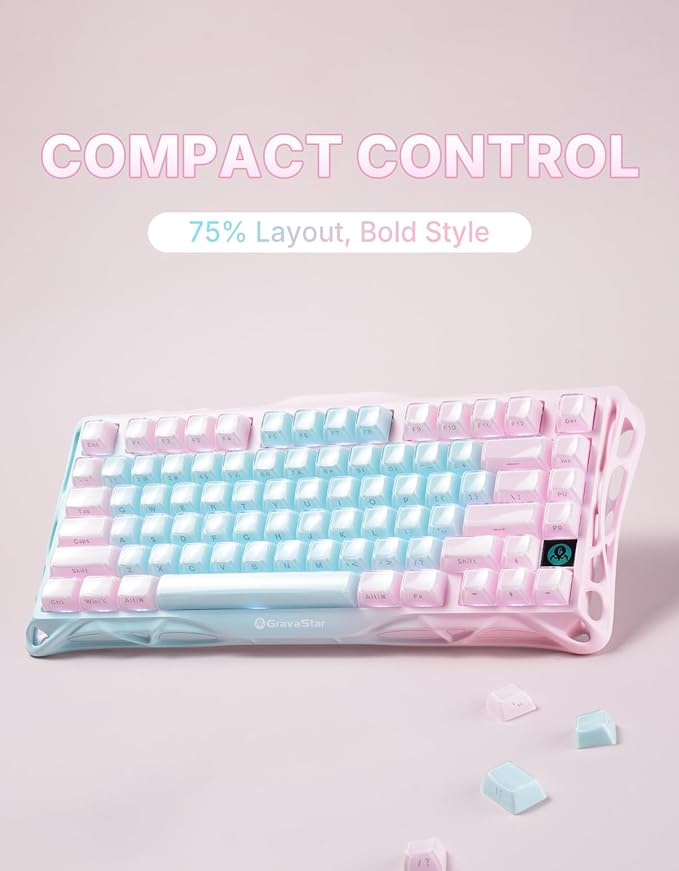 GravaStar Mercury K1 Lite 75% Gaming Keyboard, 2.4GHz/BT/Wired Tri-Mode Wireless Keyboard, Gasket Hot Swappable Mechanical Keyboard, Pre-lubed Linear Switches, Jelly Keycaps, RGB Backlit (Aurora Mist)