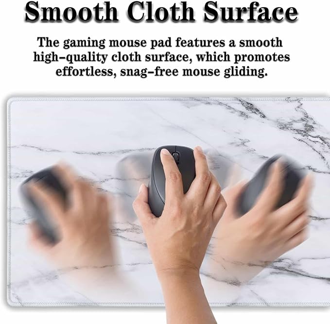 Gaming Mousepad White Gray, Large Mousepad Office Desk Mats, Gaming Mouse Mat Non-Slip Rubber Base Waterproof with Stitched Edges, 35.4 X 15.7 inch for Work/Game/Office/Home Marble Texture