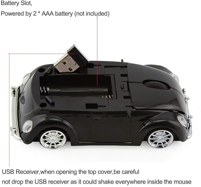 VW Beetle Wireless Sports Car Shape Mouse Mice Computer Laptop PC Optical Mouse 2.4GHz Nano USB AAA Battery Power Glossy Surface LED Light (Black)