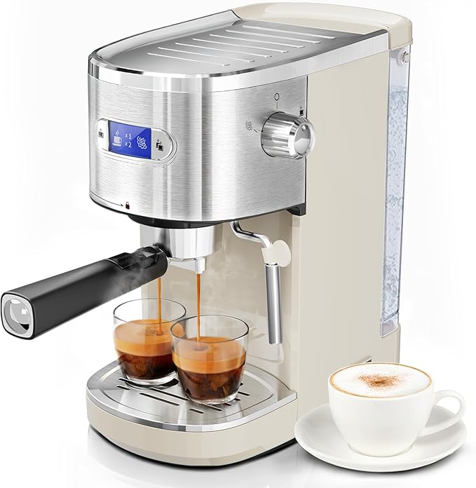 20 Bar Espresso Machine Semi-Automatic, Professional Coffee Maker with Milk Frother Steam Wand & 45OZ Removable Water Tank, Home Barista System for Cappuccino, Latte, Americano-Stainless Steel-White
