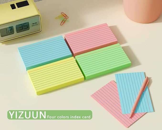 Colored Index Cards 3x5, 200 Pack, 180gsm Heavy Ruled Index Cards, Flash Cards for Studying, Heavy Note Cards for Office, College, Home Organization and School, 4 Color (50 Sheets Each)