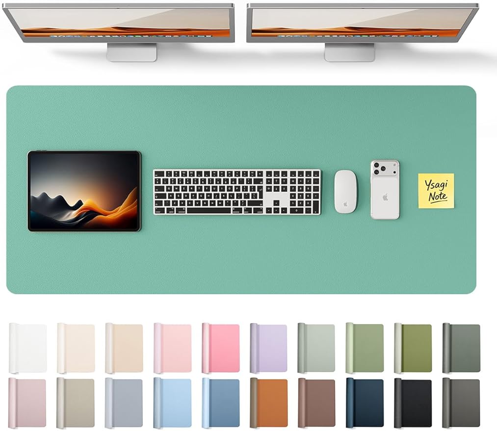 YSAGi Leather Desk Protector, Office Mat, Large Mouse Mat, Non-Slip PU Leather Blotter, Laptop Desk Pad, Waterproof Writing Pad for Office and Home (Green-Blue, 47" x 17")